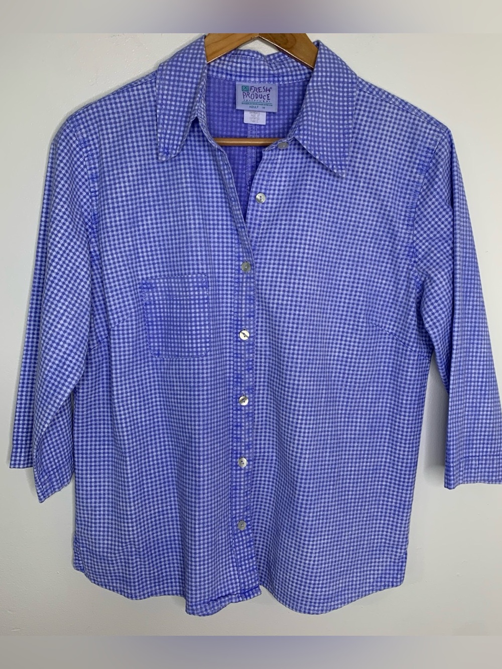 Fresh Produce Gingham Button Front Top Sz M 3/4 Sleeve Periwinkle Cotton Country